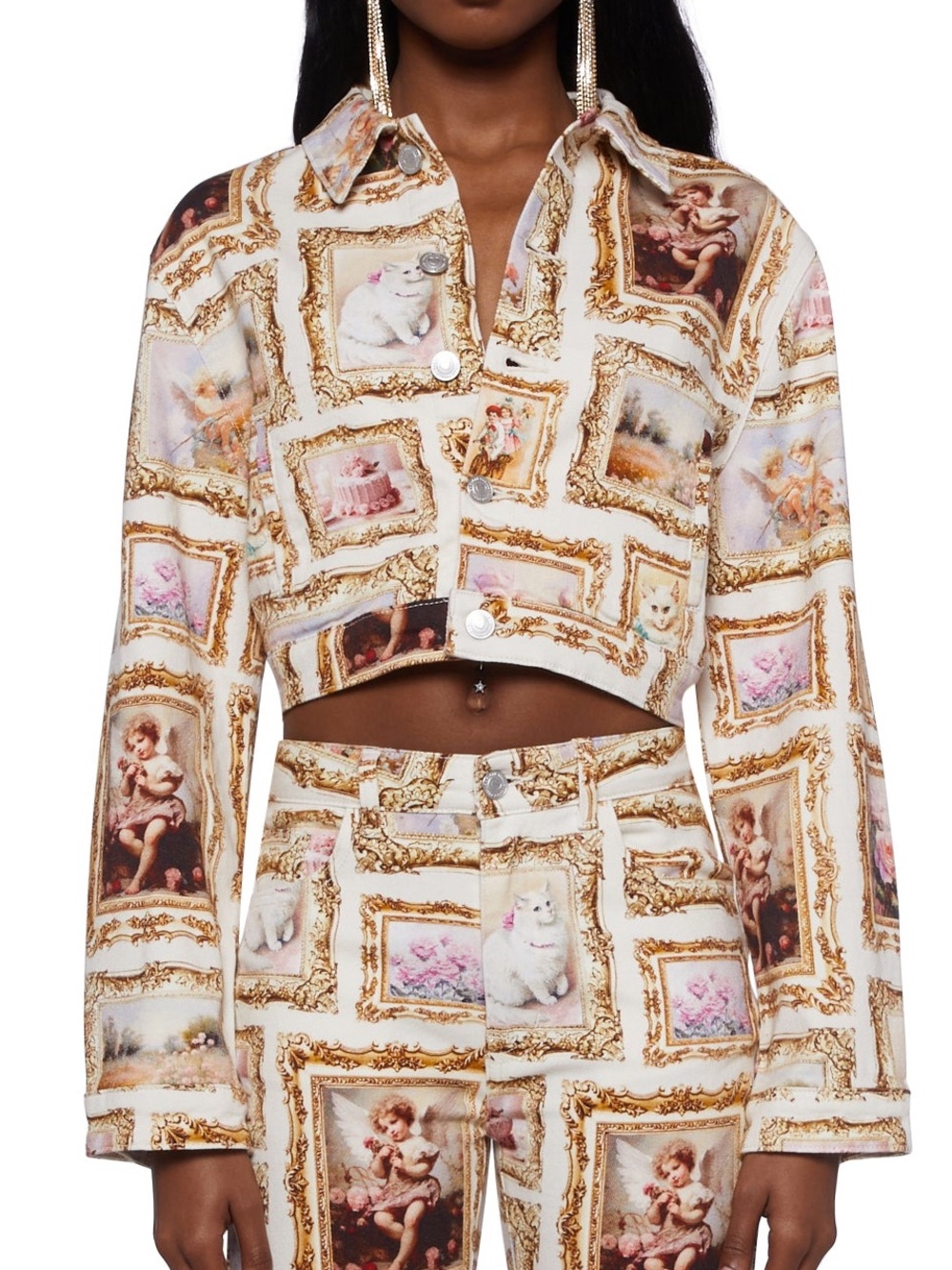 Dolls Kill Sugar Thrillz Regal Moments Trucker Jacket Cropped Cherub Cats XS